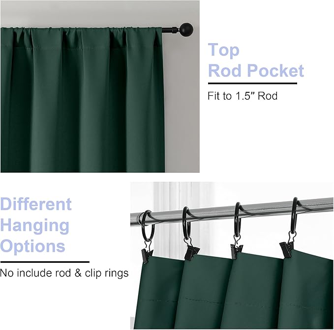 Simplebrand Ava Ever Green Blackout Curtains for Bedroom 63 Inch Length 2 Panels Set, Thermal Insulated Energy Saving Rod Pocket Window Treatment Curtains Blackout Drapes, W40 x L63 Inch, Ever Green