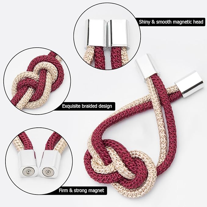 NICEEC 4 Pack Mini Magnetic Curtain Tiebacks Nordic Simple Style Drape Tie Backs Elegant Hand Weave Rope Knot Decorative Curtain Holdbacks for Home & Office Thin Window Drapery (Wine Red & Beige)