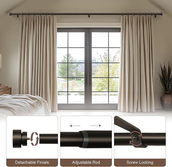 Lootkell 2 Pack Modern Brown Curtain Rods Set for Windows 72 to 144 Inches Adjustable Length Heavy Duty 1" Diameter Window Curtain Rod with Decorative Finials for Outdoor Bedroom Kitchen Living Room
