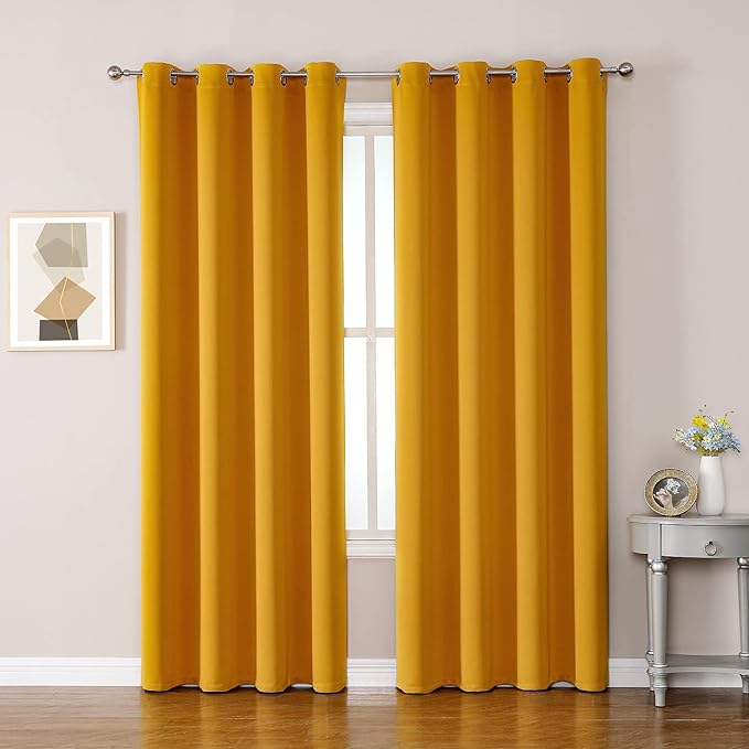 ChrisDowa Grommet Room Darkening Curtains for Bedroom and Living Room - 2 Panels Set Thermal Insulated Blackout Curtains (Mustard Yellow, 52W x 95L)