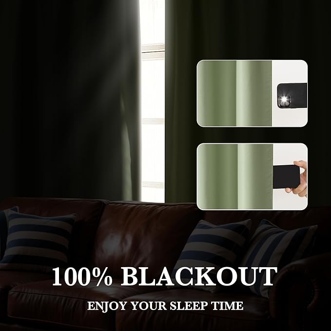 RYB HOME Bedroom Blackout Curtains 80 inches Long, 100% Blackout Thermal Insulated Noise Reducing Curtains for Living Room Nursury, 42 inches Wide by 80 inches Long, Sage Green