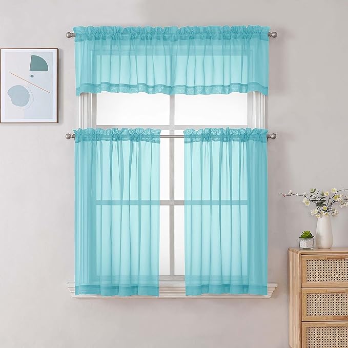 Chyhomenyc Sheer Curtains 36 inch Length 2 Panels Set, Light Filtering Voile Rod Pocket Short Window Curtians for Bathroom Living Room Farmhouse Small Windows, Each 42Wx36L in, 2PCS, Aqua