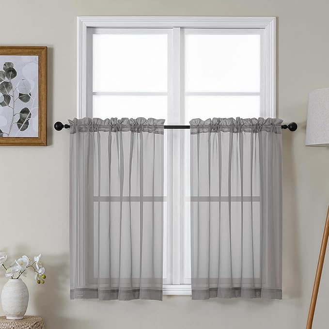 Gwine Charcoal Grey Sheer Kitchen Curtains 36 Inch Length, Light Filtering Voile Soft Airy Small Cafe Curtains, Short Window Curtain for Bathroom Basement, 42x36 inch, 2PCS