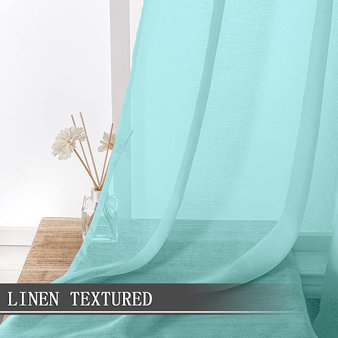 Tollpiz Sheer Curtain Linen Textured Bedroom Curtains Sheer Light Filtering Rod Pocket Voile Curtain for Living Room, 54 x 95 inches Long, Crystal Blue, Set of 2 Panels