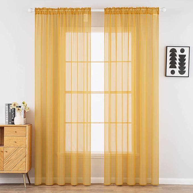 MIULEE 2 Panels Solid Color Sheer Window Curtains Elegant Window Voile Fall Panels/Drapes/Treatment for Bedroom Living Room (54X96 Inches Gold)