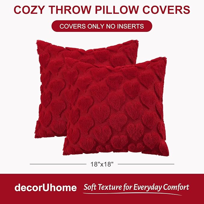decorUhome Valentine’s Day Soft Plush Throw Pillow Covers 16x16 Inch Set of 2, Faux Fur Red Heart Decoration Neutral Square Pillow Covers for Couch Sofa Bed Cozy Farmhouse Holiday Decor