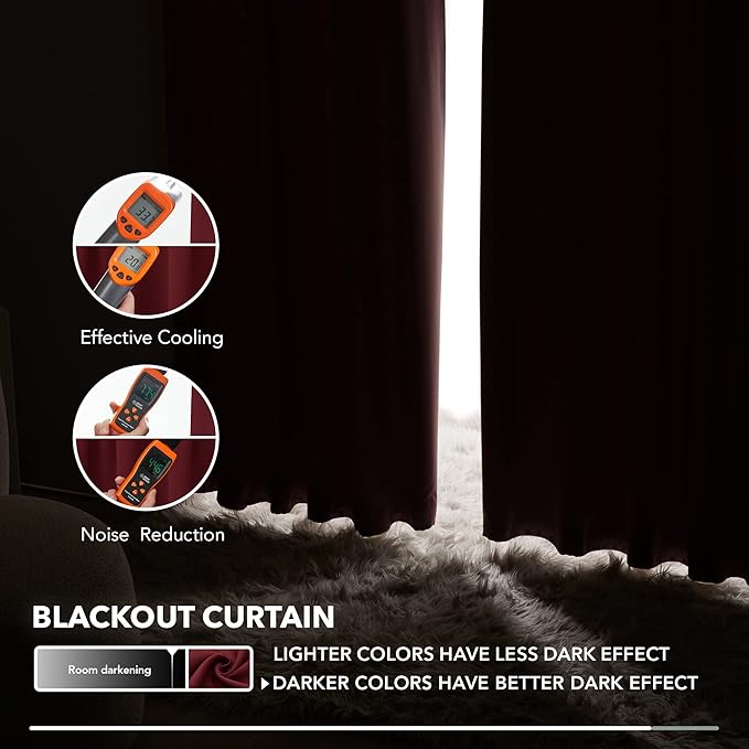 Deconovo Rod Pocket and Back Tab Curtains Solid Thermal Insulated Blackout Curtains for Bedroom 52Wx63L Inch Burgundy Red 2 Panels