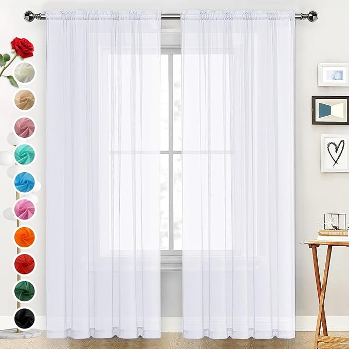 SpaceDresser Sheer Voile Window Treatment Rod Pocket Curtain Panels for Kitchen Bedroom Living Room Drapes Sunlight Filtering Privacy Semi Home Decor Assorted Colors Sizes (Optical White, 52 W x 45 L)