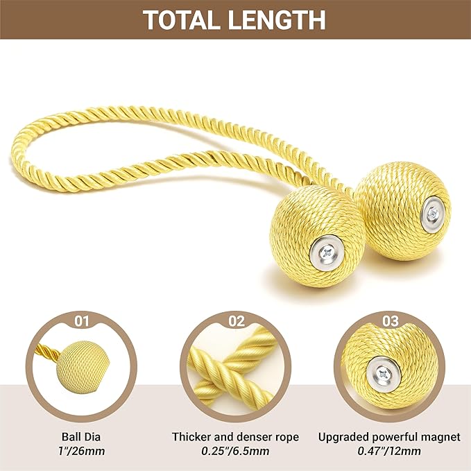 Hion Magnetic Curtain Tiebacks Golden 2pcs, Curtain Tiebacks Buckles Holdbacks Holders Hooks Clip for Home Bedroom Office Decorative Curtain