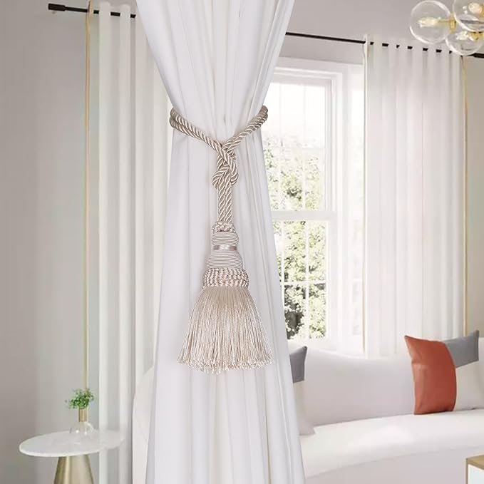 Fenghuangwu 2 Pack Curtain Tie Backs Rope Tassels for Curtains Drape tiebacks Handmade Outdoor Home and Outdoor Decorative (Beige, 2p)