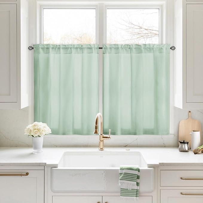 HOMEIDEAS Non-See-Through Sage Green Privacy Sheer Curtains, 30 X 36 Inches Long 2 Panels Sheer Curtains Light Filtering Window Drapes for Bedroom Living Room
