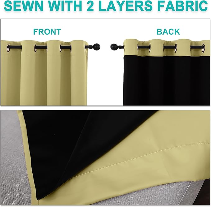 NICETOWN Total Shade Curtains and Draperies, Heavy-Duty Full Light Shading Drapes with Black Liner Backing for Villa/Hall/Dorm Window（Paler Yellow, Package of 2 Panels, 62 inches Wide x 95 inches Long