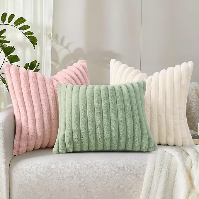 decorUhome Summer Cozy Faux Fur Throw Pillow Covers 24x24 Set of 2 Decorative Plush Striped Modern Farmhouse Boho Couch Euro Sham Pillow Cases with Velvet Back for Sofa Bed Living Room, Sage Green