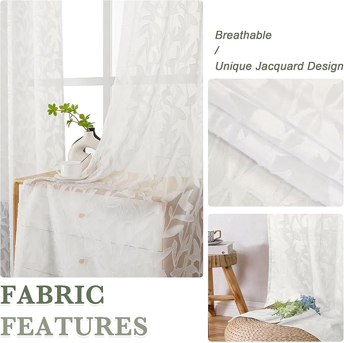 Lecloud Leia Ivory Sheer Curtains 45 Inch Length 2 Panels, Elegant Balance Light & Privacy Jacquard Textured Leaf Voile Curtains, Dual Rod Pockets Drapes for Bedroom Living Room, Each 28" W x 45" L