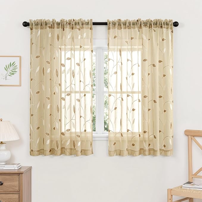 MIULEE Beige Sheer Curtains 2 Panels Embroidered Leaf Patterned Rod Pocket Floral Semi Sheer Faux Linen Short Window Curtains Drapes Set for Kitchen Living Room Bedroom, 52x45 Inches Length