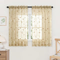 MIULEE Beige Sheer Curtains 2 Panels Embroidered Leaf Patterned Rod Pocket Floral Semi Sheer Faux Linen Short Window Curtains Drapes Set for Kitchen Living Room Bedroom, 52x45 Inches Length