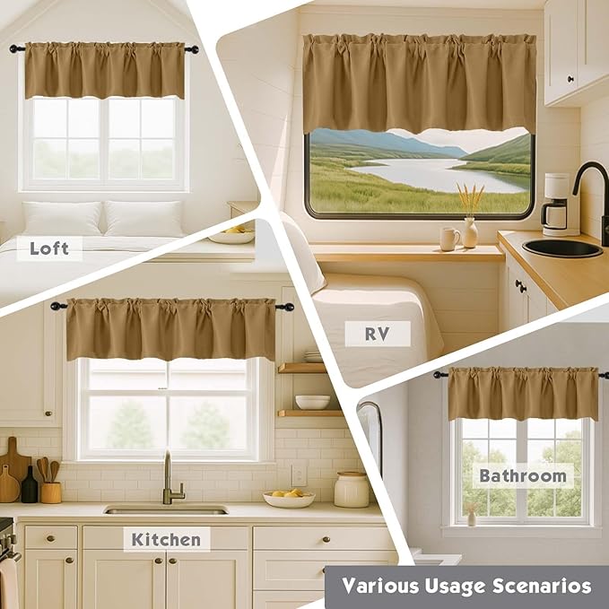 Chyhomenyc Gold Blackout Valances for Windows, Short Window Valance Curtains for Living Room Bedroom Bathroom, Room Darkening Solid Privacy Small Kitchen Valances, 60Wx16L, 2 Pack