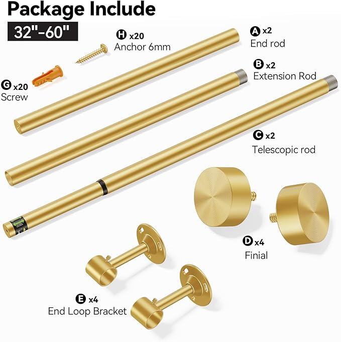 YaFex 2 Pack Heavy Duty Curtain Rods 32-60 Inch, 1 Inch Adjustable Gold Curtain Rod for Windows, Short Window Treatment Rods Set with Aluminium Finials, Modern Design