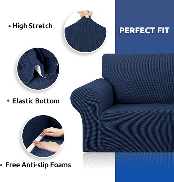 KEKUOU Stretch Sofa Cover Slipcover ，Couch Covers for 3 Cushion Couch Sofa pet Friendly (78"-94") Furniture Protector Sofa with Elastic Bottom for Kids,Dog, Jacquard Small Checked(Large,Navy Blue)