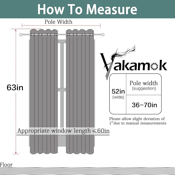 Yakamok Black Out Curtains 63 Inch Length for Bedroom-Black Thermal Insulated Drapes with Grommets Top Window Treament Curtain for Living Room,52 x 63 inch, Black, 2 Panels Set