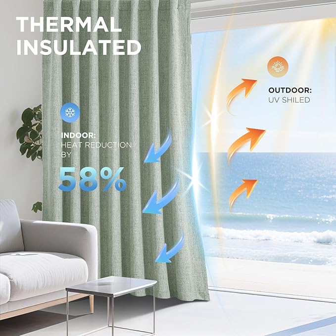 Joydeco Linen Blackout Curtains for Bedroom - 100% Light Blocking 1 Panels, Sage Green Drapes 70" W x 108" L, Thermal Insulated Room Darkening Curtains for Living Room, Rod Pocket & Back Tabs