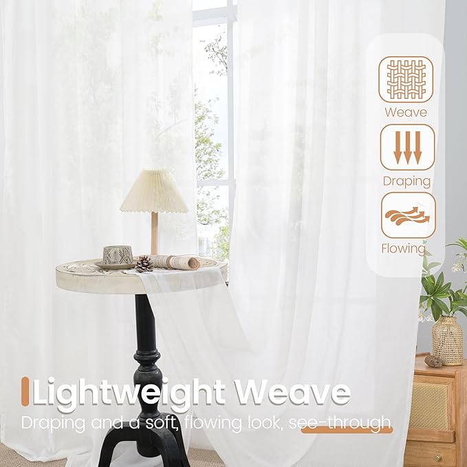 BGment Short White Curtains 40 Inch Length for Small Window - Linen Semi Sheer Drapes with Rod Pocket Light Filtering for Cafe Bedroom Kitchen Lightweight Rustic, 2 Panels Set, 30 X 40 Inch