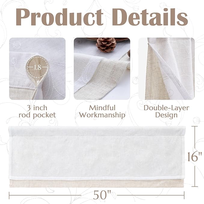 jinchan Linen Valance for Window Embroidered Farmhouse Light Filtering Voile Valance for Living Room Kitchen Beige Cottage Rustic Double Layer Curtain 16 Inch 1 Panel White