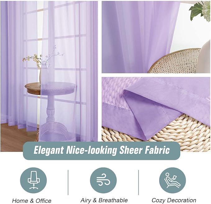 Lavender Sheer Curtains 63 Inch Length 2 Panels, Voile Sheer Curtain for Living Room, Breathable Light Filtering Modern Window Treatments, Soft Fabric Dual Rod Pocket Drapes, 2x42Wx63L Inches