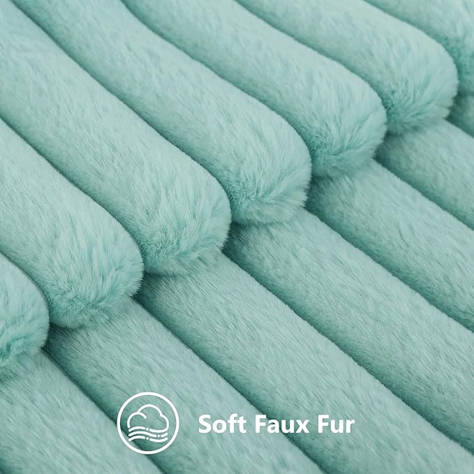 decorUhome Summer Cozy Faux Fur Throw Pillow Covers 22x22 Set of 2 Decorative Soft Plush Striped Modern Farmhouse Boho Couch Euro Sham Pillow Cases with Velvet Back for Sofa Bed Living Room, Aqua