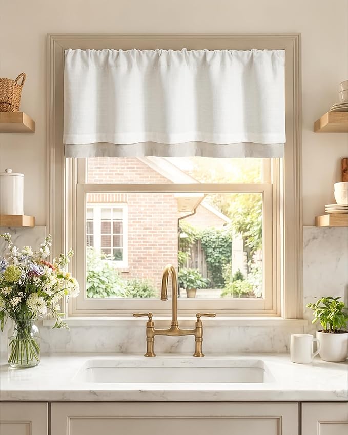 jinchan Curtain Light Filtering Kitchen for Living Room Bedroom Small Windows Valance 18 Inch Double Layer Farmhouse Window Rustic Overlay Rod Pocket 1 Panel White