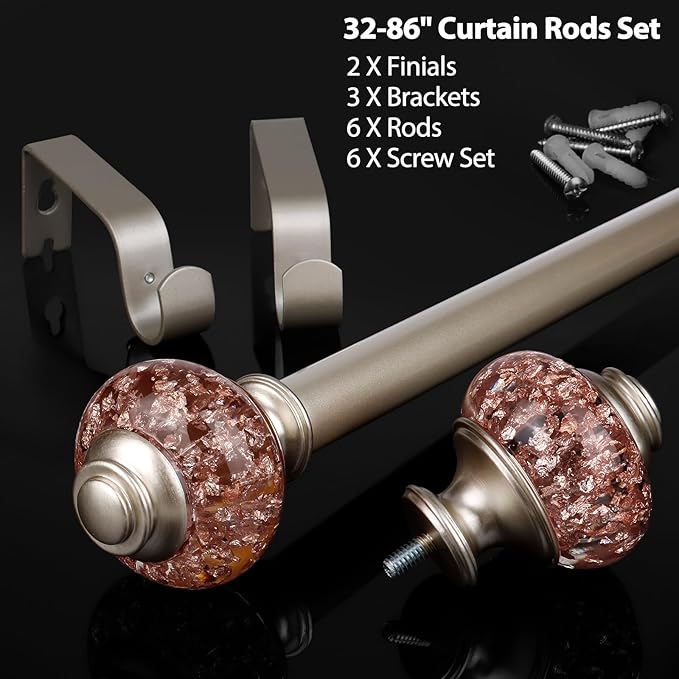 Curtain Rods for Windows 48 to 84 Inch, USFOOK 7/8 Inch Rose Gold Curtain Rod 32 to 86 Inch, Telescoping Splicing Drapery Rods with Decorative Translucent Finials