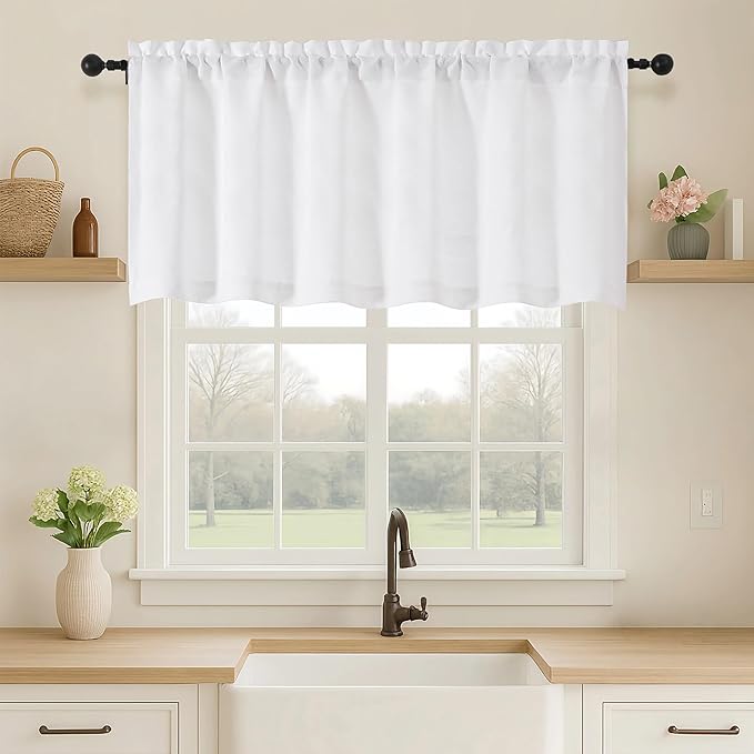 OVZME White Valance for Windows, Light Filtering Thick Textured Small Kitchen Valances for Window, Dual Rod Pocket Farmhouse Short Curtain for Bathroom Basement, 1 Piece, 60Wx22L Inch