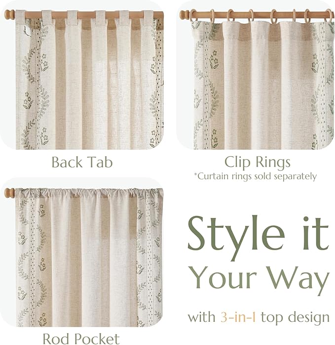 jinchan Belrose Linen Curtains for Bedroom Floral Curtains 72 Inch Length Linen Blend Sage Green Embroidered Drapes Farmhouse Flower Patterned Drapes for Living Room Window Treatments Set 2 Panels