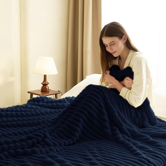 HIMEET Navy Blue Ribbed Throw Blanket for Couch - 300GSM Lightweight Soft Fleece Blanket for Women Men, Cozy Blankets for Mothers Gifts, Striped Spring Home Room Decor, Navy Blue, 50x60 Inches