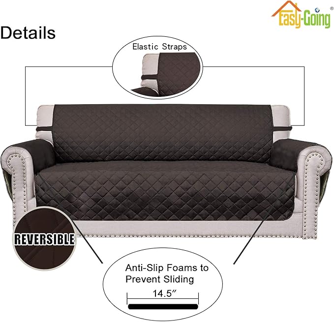 Easy-Going Reversible Loveseat Couch Cover for 2 Cushion Couch Sofa Cover for Dogs Water Resistant Furniture Protector with Foam Sticks Elastic Straps for Pet (Loveseat, Chocolate/Chocolate)