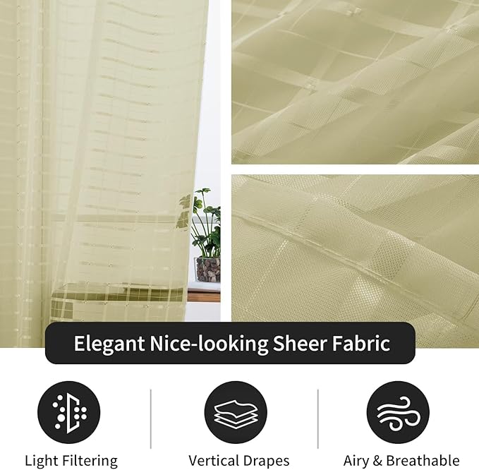 SpaceDresser Check Sheer Curtains 90 Inches 2 Panels Set, Rod Pocket Plaid Window Curtain for Living Room, Sage Green Semi Sheer Drapes for Kitchen Bedroom Children Room Yard（Sage Green, 52W x 90L）