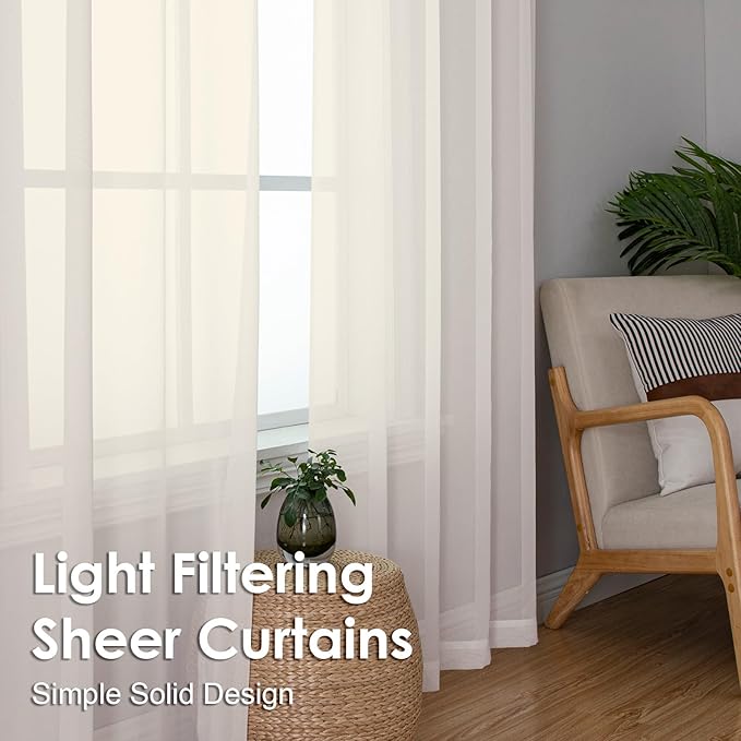 OVZME Cream Sheer Curtains 96 Inches Long 2 Panels - Soft Light Filtering Window Sheer Panels for Living Room/Bedroom, Top Dual Rod Pocket, 1 Pair, Each 42Wx96L Inches.