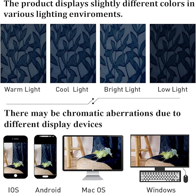 Lecloud Leia 2 PCS Navy Blue Kitchen Curtains 36 Inch Length, Lightweight Clip Textured Living Room Sheer Curtain Tiers with Dual Rod Pockets, Jacquard Leaf Voile Cafe/Bedroom Drapes, 38X36 Inches