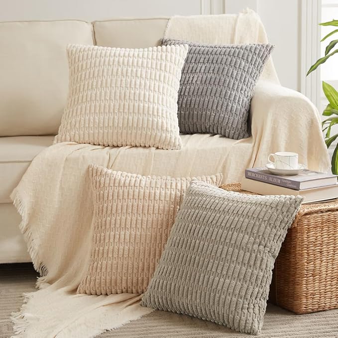 Fancy Homi 4 Packs Boho Cream Decorative Throw Pillow Covers 26x26 Inch for Living Room Couch Bed Sofa, Rustic Modern Farmhouse Home Decor, Soft Plush Corduroy Beige Cute Square Cushion Case 66x66 cm