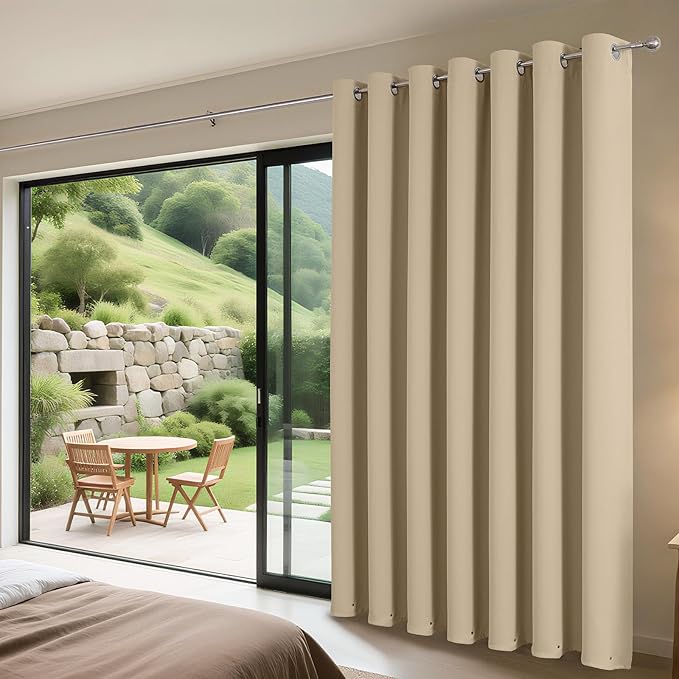 Joydeco Blackout Patio Sliding Door Curtains 90 Inches Long, Grommet Privacy Room Divider Curtains, Extra Wide Thermal Blackout Drapes for Bedroom Living Room (Light Beige, 100Wx90L, 1 Panel)