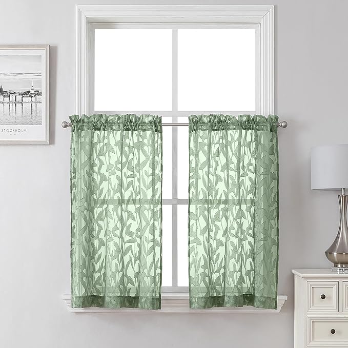 Lecloud Leia Sheer Sage Green Kitchen Curtains 36 Inch Length 2 Pcs, Jacquard Leaf Textured Voile Short Curtain Tiers, Farmhouse Small Curtain for Bedroom Bathroom with Dual Rod Pocket, 28" W x 36" L