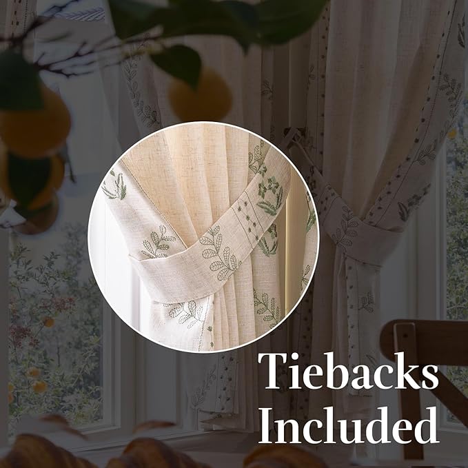 jinchan Belrose Linen Floral Cafe Curtains 54 Inch Length Embroidered Farmhouse Curtains for Kitchen Bedroom Bathroom Small Windows Curtain Set Light Filtering 2 Panels Sage Green
