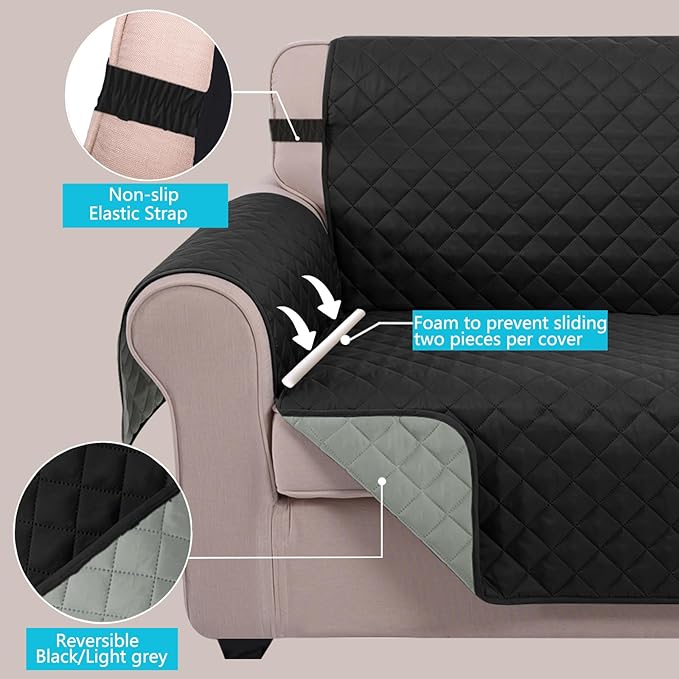 U-NICE HOME Reversible Oversized Chair Covers Quilted Water Repellent Pet Protectors with Elastic Straps(28''Armchair, Black/Grey)