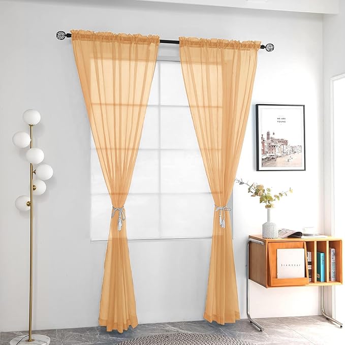 youleyar Solid Sheer Rod Pocket Curtain Voile Draperies 2 Panels White Beige Black Grey Coffee 52 Inch Width 90 Inch Long 1 Pair for Kitchen Bedroom Children Living Room Yard(Beige,52Wｘ90L)