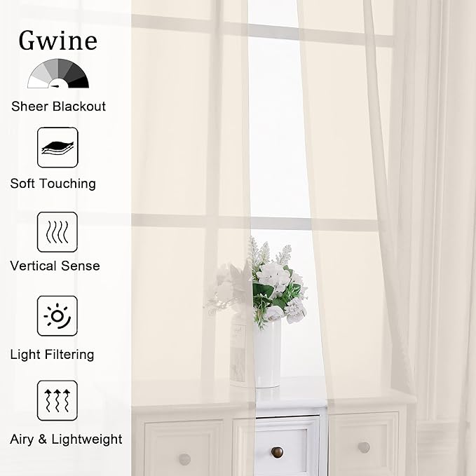 Gwine Cream Sheer Kitchen Curtains 36 Inch Length, Light Filtering Voile Soft Airy Small Cafe Curtains, Short Window Curtain for Bathroom Basement, 42x36 inch, 2PCS