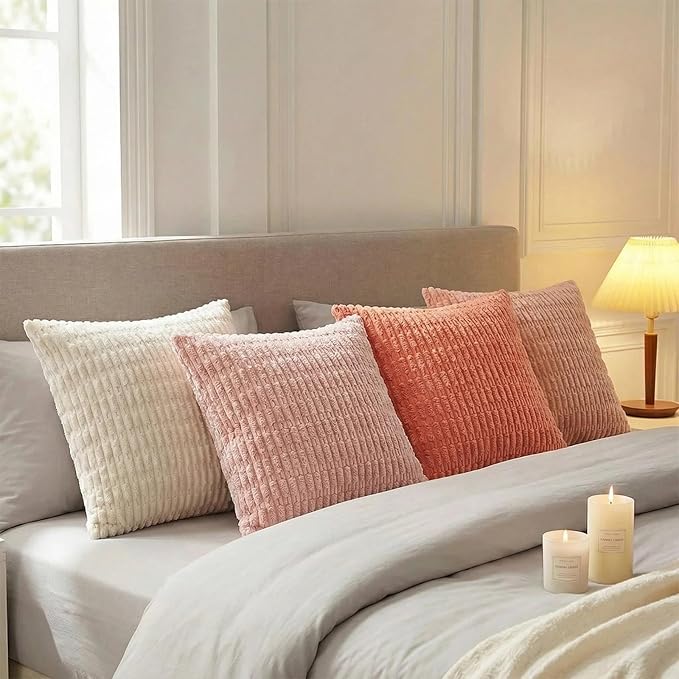 Fancy Homi 4 Packs Blush Pink Decorative Throw Pillow Covers 20x20 Inch for Living Room Couch Bed Sofa, Soft Plush Striped Corduroy Square Light Pink Coral Peach Cream Colorful Cushion Case 50x50 cm
