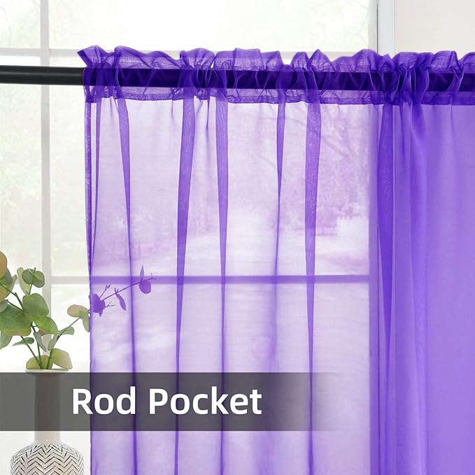 youleyar Solid Sheer Rod Pocket Curtain Voile Draperies 2 Panels White Beige Black Grey Coffee 52 Inch Width 54 Inch Long 1 Pair for Kitchen Bedroom Children Living Room Yard (Purple,52Wｘ54L)