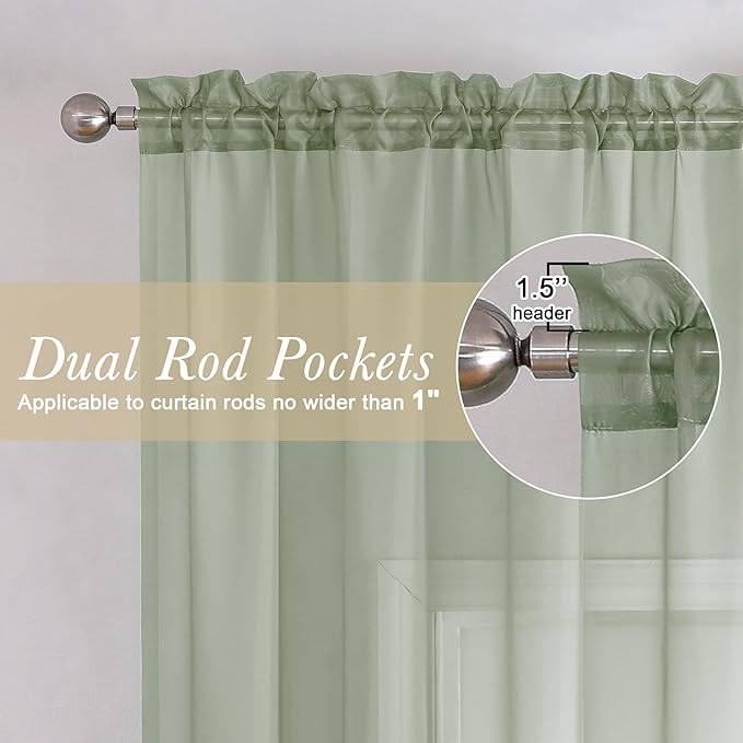Lecloud Sage Green Sheer Curtains 72 Inches Long 2 Panels Set, Rustic Voile Window Treatments for Bedroom Living Room, Dual Rod Pocket Window Curtain Drapes for Yard/Patio/Villa/Parlor, 40" W x 72" L