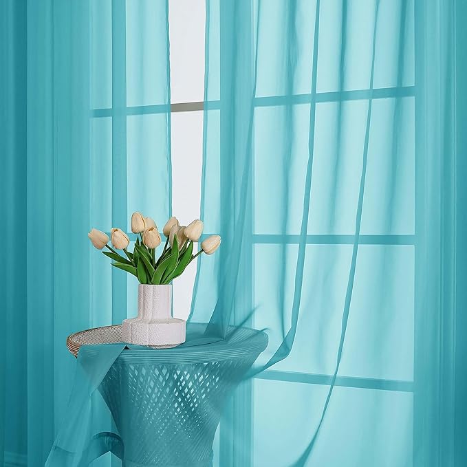 OWENIE Extra Long Turquoise Sheer Curtains 96 Inches Long 2 Panels Set, Soft Lightweight Airy Voile Sheer Curtain for Bedroom Living Room, Rod Pocket Solid Color Farmhouse Curtains, 59" Wx96 L Inch