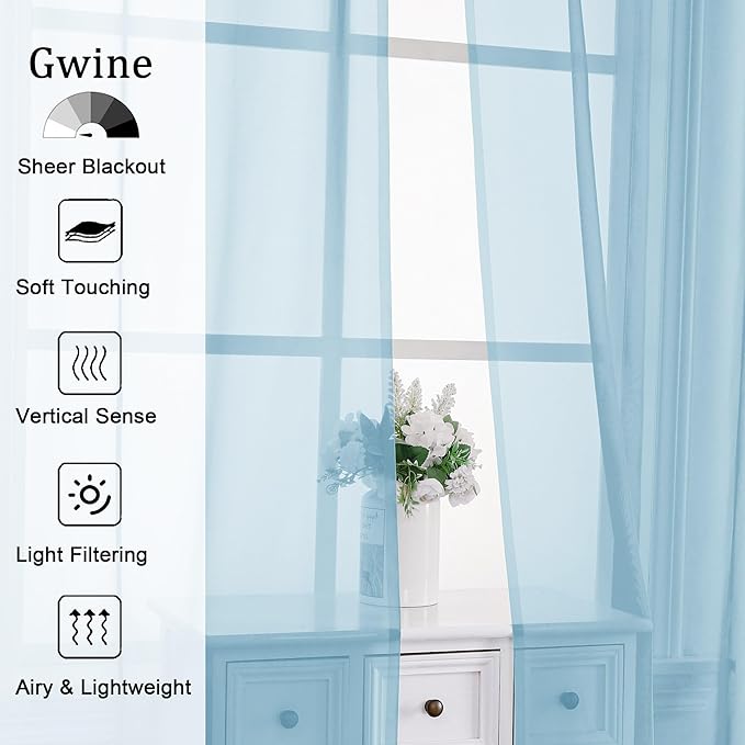 Gwine Sky Blue Sheer Curtains 84 Inches Long 2 Panels Set for Living Room, Rod Pocket Voile Bedroom Curtains, Light Filtering Solid Window Sheer Panels, Each 42" Wx84 L